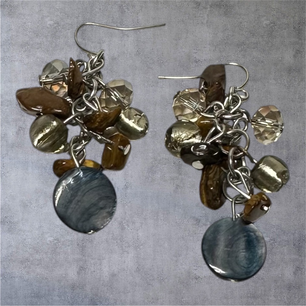 Boho Cluster Dangle Earrings Mixed Bead Stone Look‎ Silver Tone Pierced